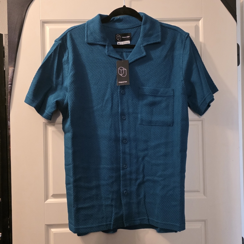 Mens Original Use Dark Teal Short Sleeve Button Up Shirt Size Medium